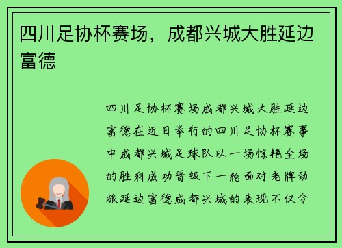 四川足协杯赛场，成都兴城大胜延边富德