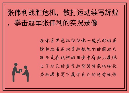 张伟利战胜危机，散打运动续写辉煌，拳击冠军张伟利的实况录像