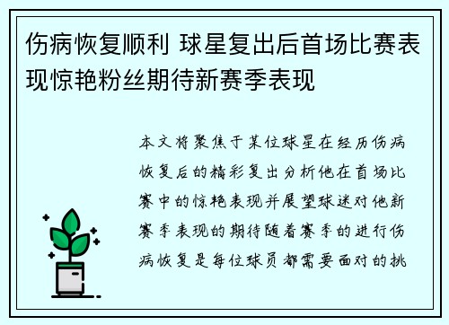 伤病恢复顺利 球星复出后首场比赛表现惊艳粉丝期待新赛季表现