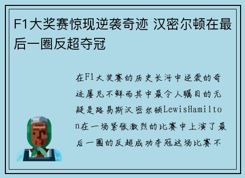 F1大奖赛惊现逆袭奇迹 汉密尔顿在最后一圈反超夺冠