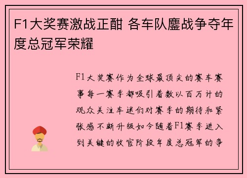 F1大奖赛激战正酣 各车队鏖战争夺年度总冠军荣耀